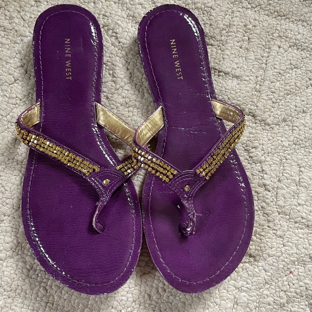 Nine West Purple Thong Sandals with Gold Bead Trim
